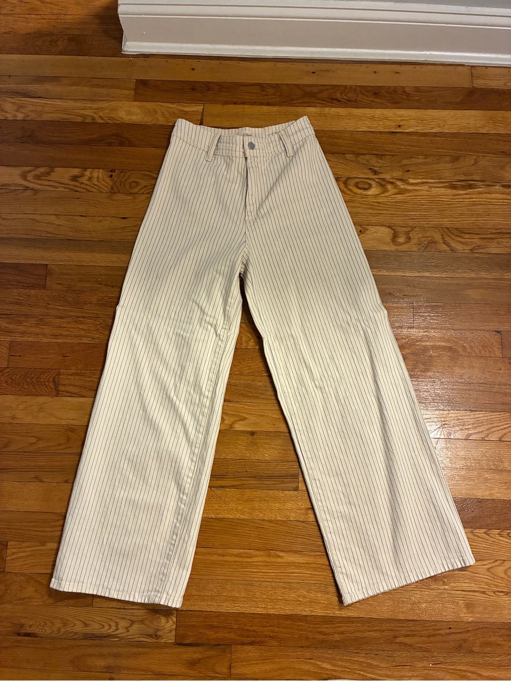 Wide Leg Pinstripe Jeans - Cream with Thin Blue Stripes